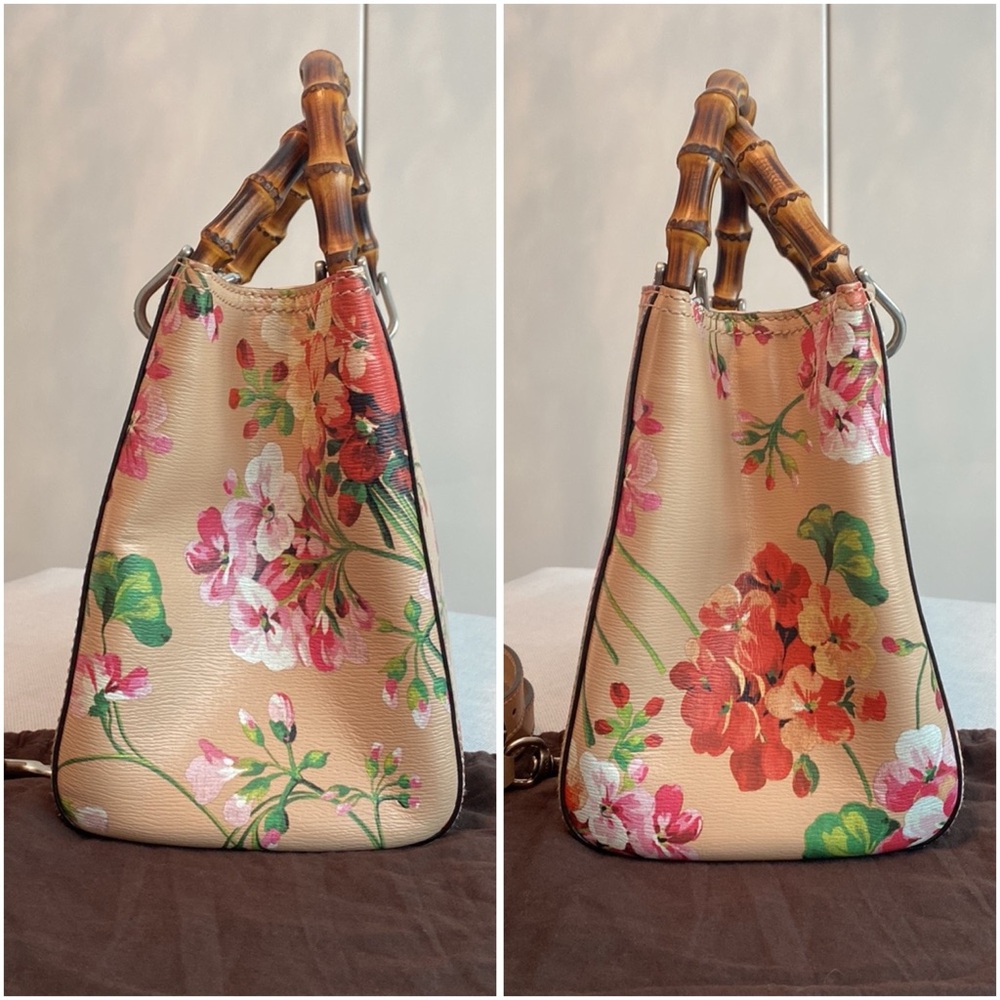 Gucci • Blooms Print Bamboo Shopper Tote in Pink Apricot *AUTHENTICATED* - Picture 4 of 17